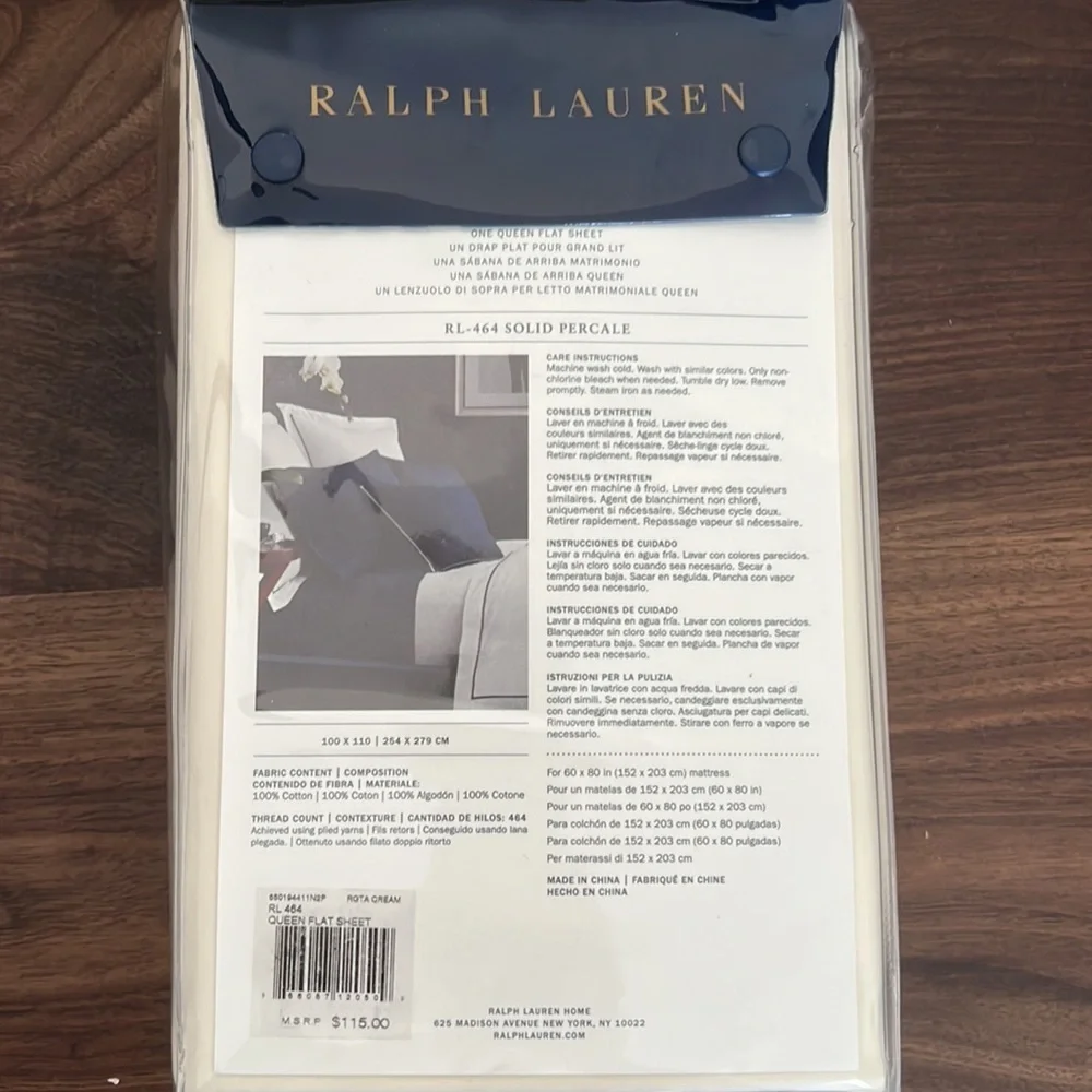 Ralph Lauren One Queen Flat Sheet RL-464 Solid Percale Cream 100% Cotton